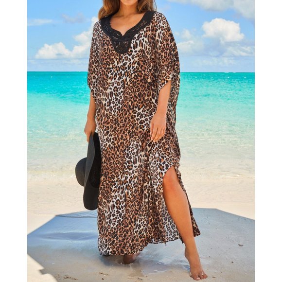 Dresses & Skirts - Kaftan Swimsuit Cover up Embellished Long Leopard Print 26/28 NWT